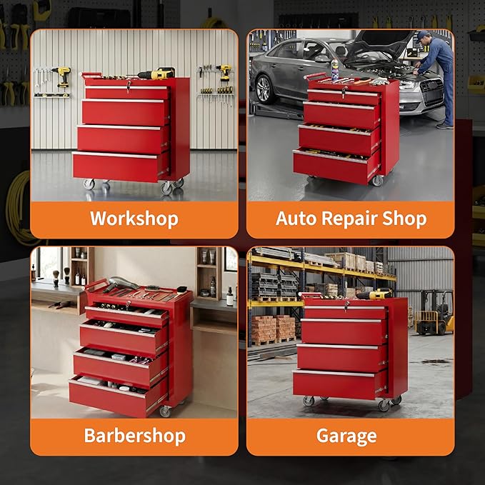 IDEALHOUSE Rolling Tool Chest, 4 Drawers Tool Storage Cabinet, Toolbox with Wheels, Portable Tool Cabinet Organizer with Locking System & Drawer Liners, Tool Storage Cart for Garage, Workshop, Red