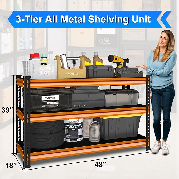 48" W Garage Shelving Heavy Duty, 1500LBS Loads Adjustable Garage Storage Shelves, 3-Tier Metal Shelving Units and Storage Racks, Industrial Utility Shelf,48" Wx18 Dx39 H, Orange
