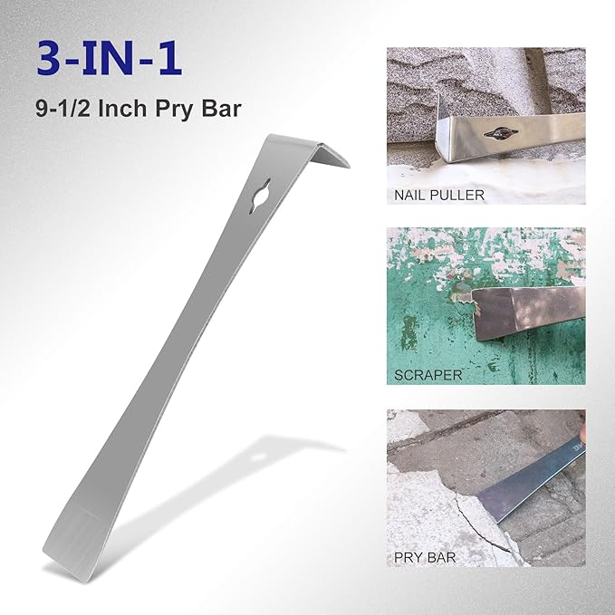 2-Piece Stainless Steel Pry Bar Scraper Set - 9-1/2" Flat Pry Bar and 6-11/16" Mini Crowbar with Socket Wrench, Bottle Opener, Molding, Nail Puller, Scraper and Baseboard Removal Tool
