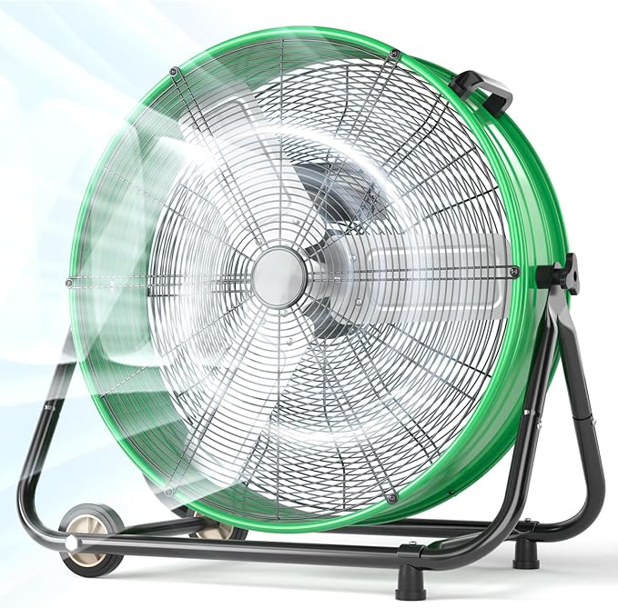 LifePlus 24 Inch Industrial Drum Fan, 320W High Velocity Floor Fan, 3 Speed Heavy Duty Metal Air Circulator, 360° Tilt with Casters Handle ETL Standard for Patios, Warehouse, Garage, 8900CFM，Green