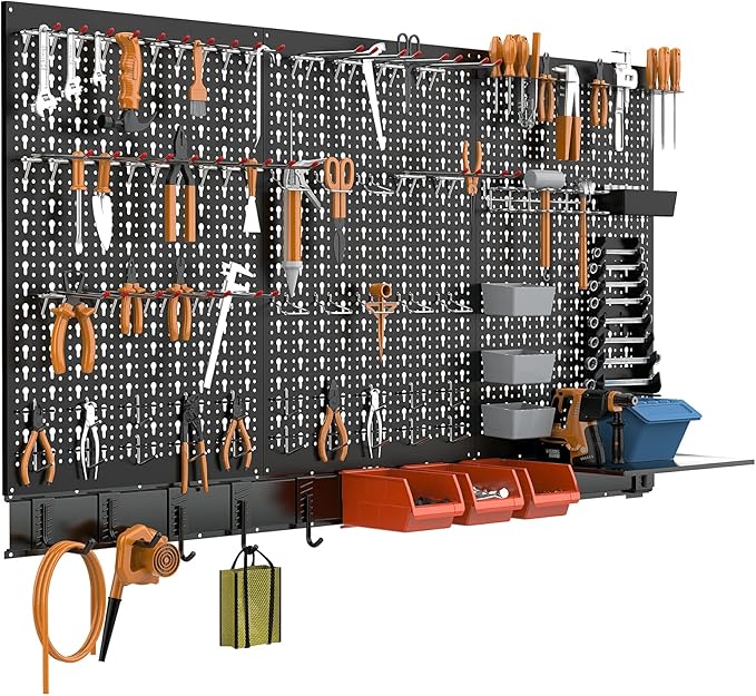 TORACK Metal Pegboard Wall Organizer for Garage, 109PCS Pegboard Accessories Organizer Kit with Pegboard Bins, Hooks, Peg Locks, Pegboard Storage System for Workbench, Garage, Shop, Shed(Black)