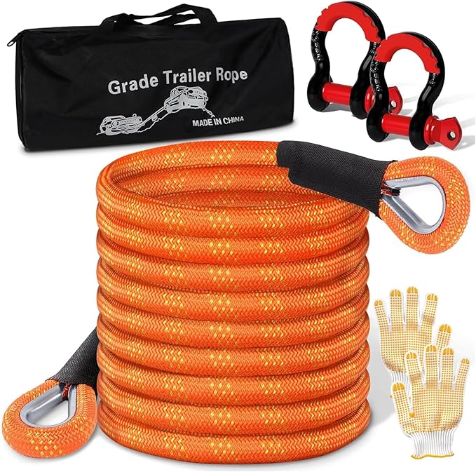 Longzhuo Kinetic Recovery Rope 48000lbs, 1" x 24ft Tow Rope with D Metal Ring Shackles, Heavy Duty Offroad Towing Straps Kit, 30+% Elasticity Tow Ropes for Trucks SUV UTV ATV Tractor Car Jeep,2 Gloves