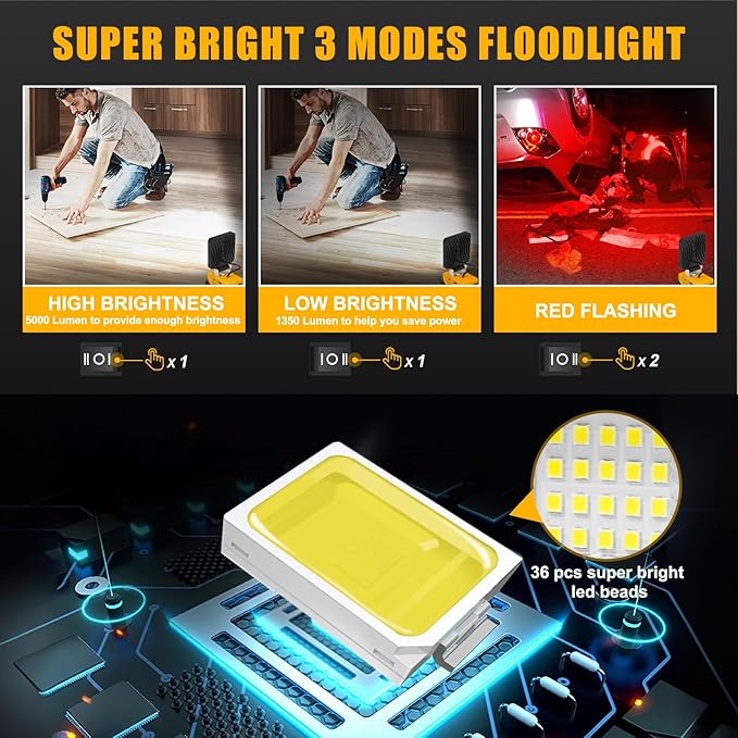 Cordless LED Work Light Compatible with Dewalt 18V 20VBattery, T-SUNiceM 5000LM Flashlight, 20V Battery Flood Work Light 140°Adjust with Low Voltage Protection for Outdoors and Job Site Lighting