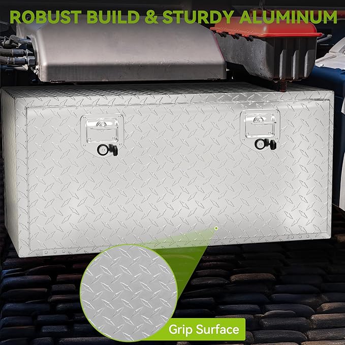 AUTOSAVER88 36 Inch Underbody Tool Box, Heavy Duty Aluminum Diamond Plate Toolbox Chest Storage Organizer, Waterproof Chest Storage Box with Lock for Trucks, Trailers, RVs, Warehouses, Silver
