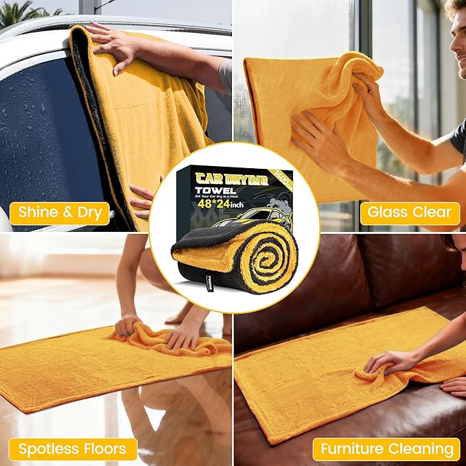 PUGPIU Microfiber Car Drying Towel Extra Large Super Absorbent 48"X24", 1400 GSM Flash Detail Car Wash Drying Towel Edgeless with Two Sided Soft Twisted-Loop, No Water Spots Streaks for Cars (Yellow)