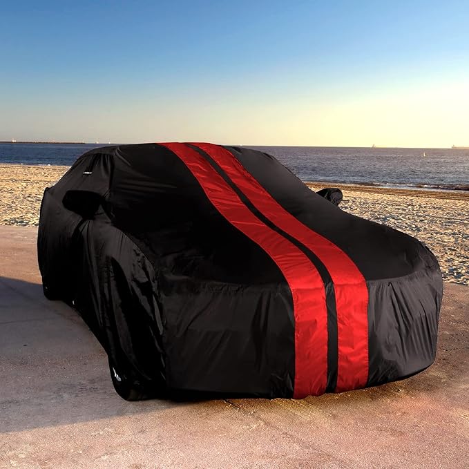 iCarCover Custom Car Cover for 2003-2026 Mazda Mazda3 Waterproof All Weather Rain Snow UV Sun Protector Full Exterior Indoor Outdoor Car Cover (Stripe - Black/Red)