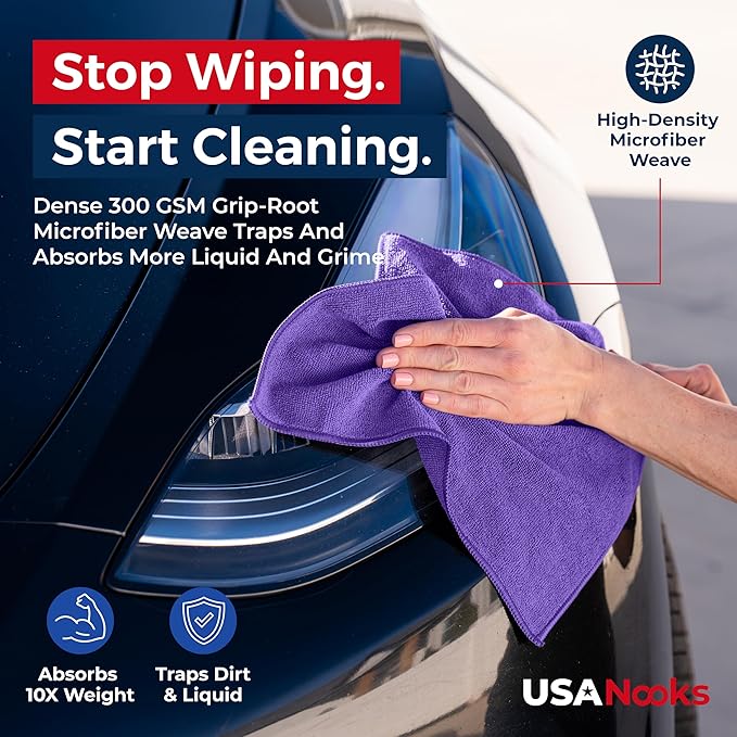 USANOOKS Premium 300GSM Microfiber Cleaning Cloth - 12.5"x12.5" High Performance - 1200 Washes, Ultra Absorbent Microfiber Towels for Cars Undercarriage, Rims & Engine Bay Cleaning - Microfiber Cloth