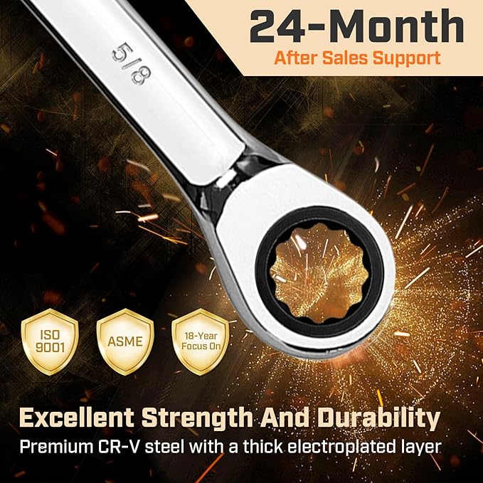 Ratcheting Wrench Set, 8-piece, SAE Wrench Set 5/16" to 3/4", 72-Teeth Gear CR-V Steel Mirror Polished, with Carrying Bag For Auto Repair