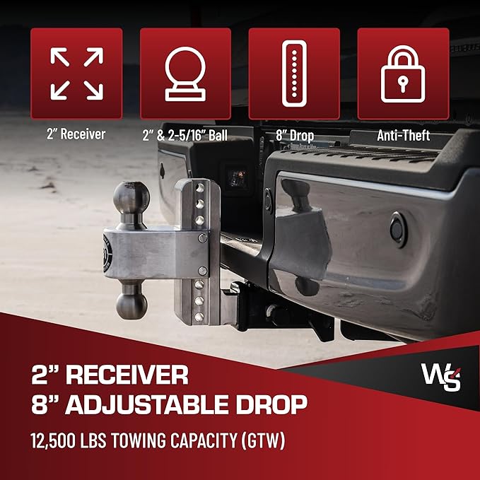 Weigh Safe Adjustable Trailer Hitch Ball Mount, 8" Adjustable Drop Hitch for 2" Receiver w/ 4 pc Keyed Alike Lock Set, Heavy Duty Aluminum Trailer Tow Hitch w/Stainless Steel Tow Balls, 12,500 GTW