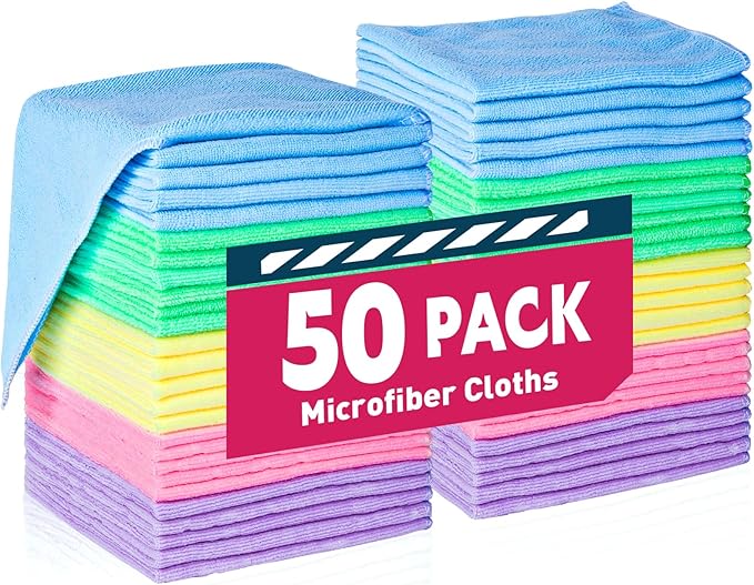 Microfiber Cleaning Cloths-50 Pack, Microfiber Towels Bulk, Towels for Cars & Home, Cleaning Rags 5 Colors Assorted (12x12 inches)