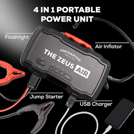 Uncharted Supply Co. Zeus Air, Portable 2000A Jump Starter, 150 PSI Tire Inflator & Compressor, 15,000mAh Power Bank with USB-C Fast Charging & LED Flashlight