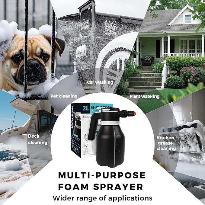Electric Foam Sprayer,2L Portable Rechargeable Cordless Pressurized Spray Foam Cannon, Easy Clean & Acid Resistant for Car Wash Detailing Garden Black