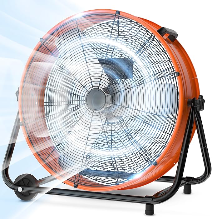 LifePlus 24 Inch Industrial Drum Fan High Velocity Floor Fan 3 Speed, Heavy Duty Metal Air Circulator with Adjustable Tilt & Large Wheel for Warehouse, Garage, Factory, Patio, Barn, Shop, Orange