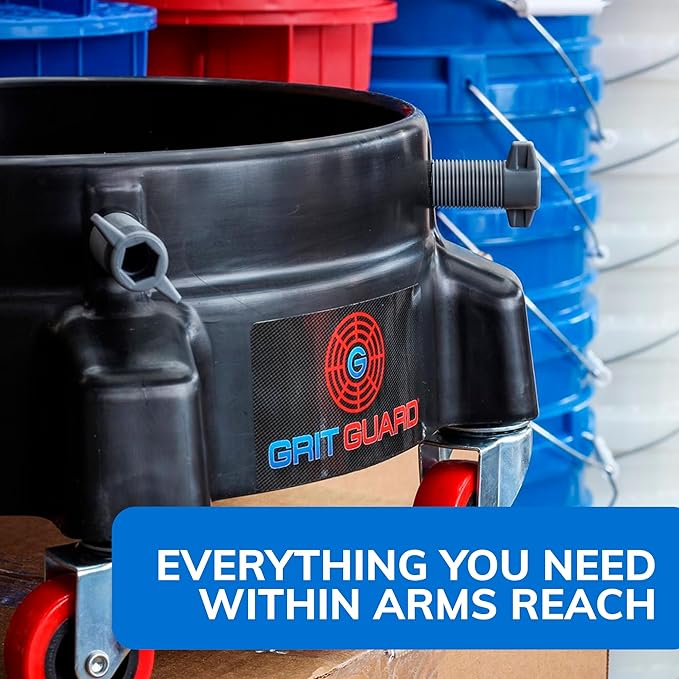 Grit Guard Bucket Dolly with Wheels - Rolling Detailing Wash Bucket with 5 Wheels and 2 Locking Casters Compatible with 2.5, 4, 5 and 6 Gallon Buckets (Black, 3" Red Casters)