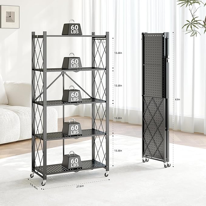 Fenbeli Folding Shelving Unit 5 Tier with Wheels & Hooks, No Assembly Foldable Collapsible Storage Shelf 60 lbs Per Shelf, Rolling Metal Rack for Kitchen Pantry Garage Craft Show Display
