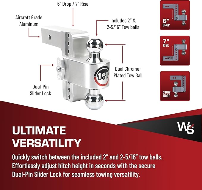 Weigh Safe Adjustable Trailer Hitch Ball Mount, 6" Adjustable Drop Hitch for 2.5" Receiver w/ 2 pc Keyed Alike Lock Set, Heavy Duty Aluminum Trailer Tow Hitch w/ Chrome Plated Tow Balls, 18,500 GTW