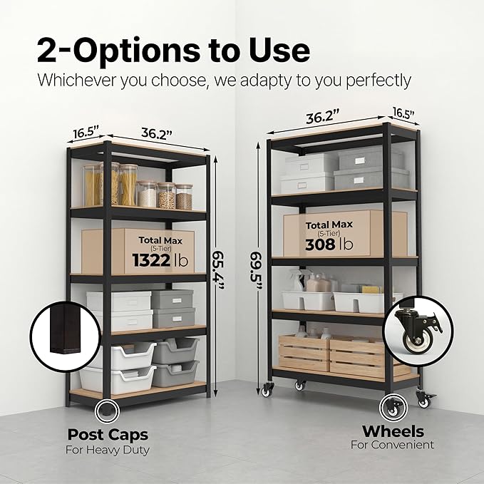 HOMEDANT House 36.2" W 5 Tier Heavy Duty Garage Shelving Adjustable Metal Rack Storage Shelves Standing Shelf Unit Organizers Pantry Closet Office Black 2Pack