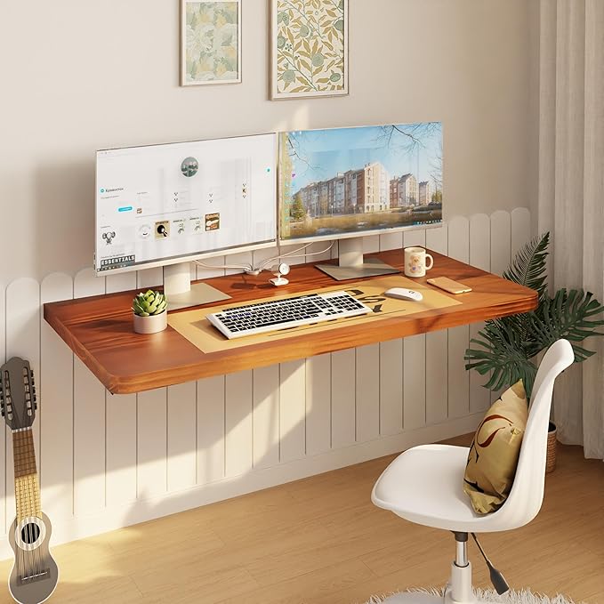 IAE Floating Wall Mounted Folding Table Desk with Pine Wood,36" x 22" Foldable Workbench,Fold Down wall Mounted Foldable Desk with Shelf Brackets,Laundry Folding Table for Home,Dining,Kitchen,Teak