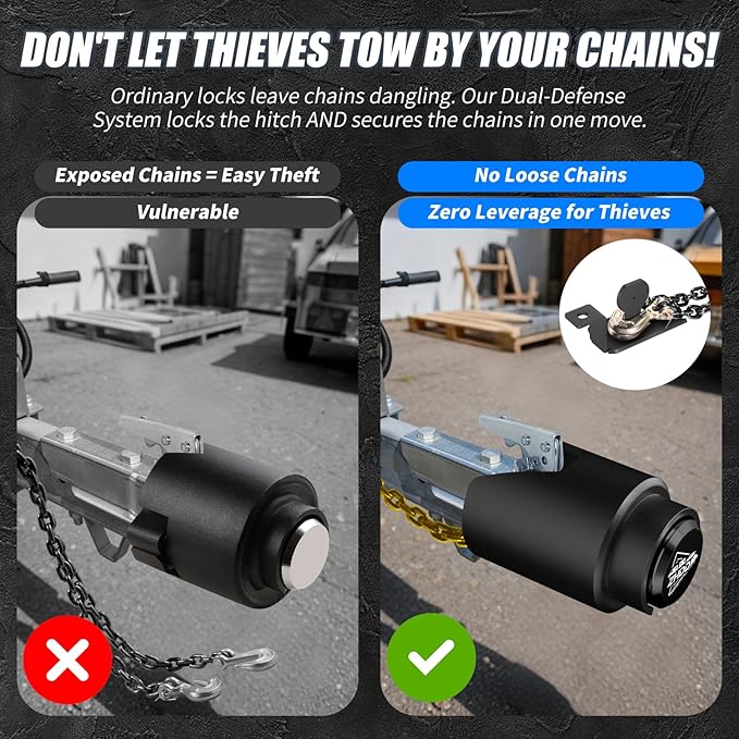 Trailer Hitch Lock for 2 Inch Coupler with Safety Chain Lock, Heavy Duty Anti-Theft Trailer Tongue Coupler Lock for RV, Boat, Utility & Cargo Trailers (Black)