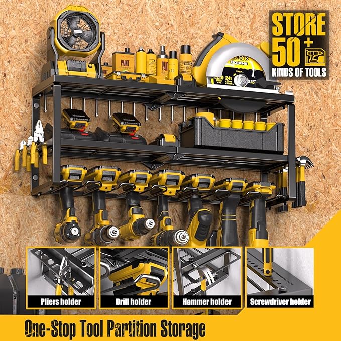 Spampur Power Tool Organizer for Tool Storage, Drill Holder Wall Mount with Screwdriver Organizer, Tool Holder for Garage Wall Organization, Heavy Duty Metal Tool Shelf with Battery Holder