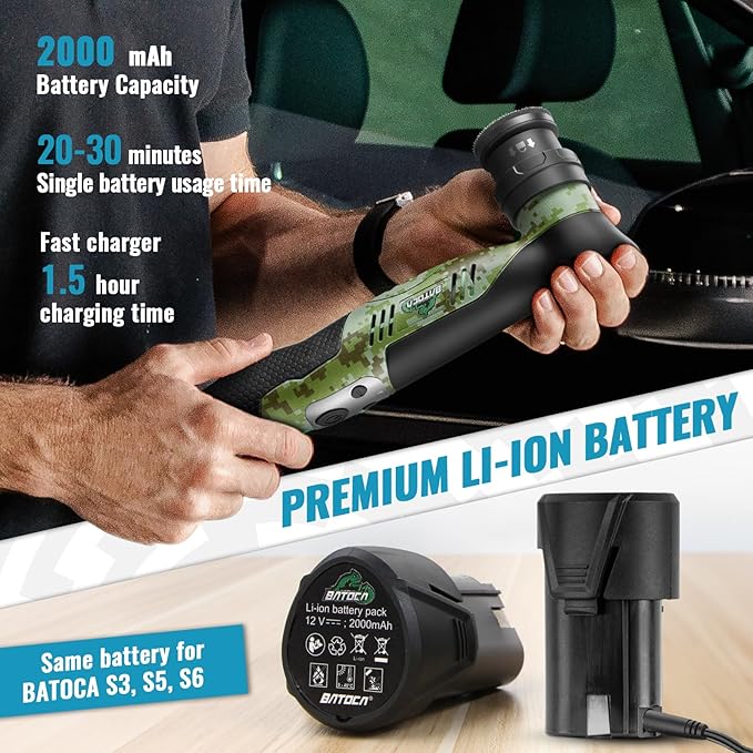 BATOCA S5 Cordless Mini Car Polisher Buffer DA Dual Action Rotary Polishing Machine Small Orbital Sander for Car Detailing Polish 1/2/3inch Polishing Pads Kit with 2x 12V Battery 6 Speeds 2000-5500RPM