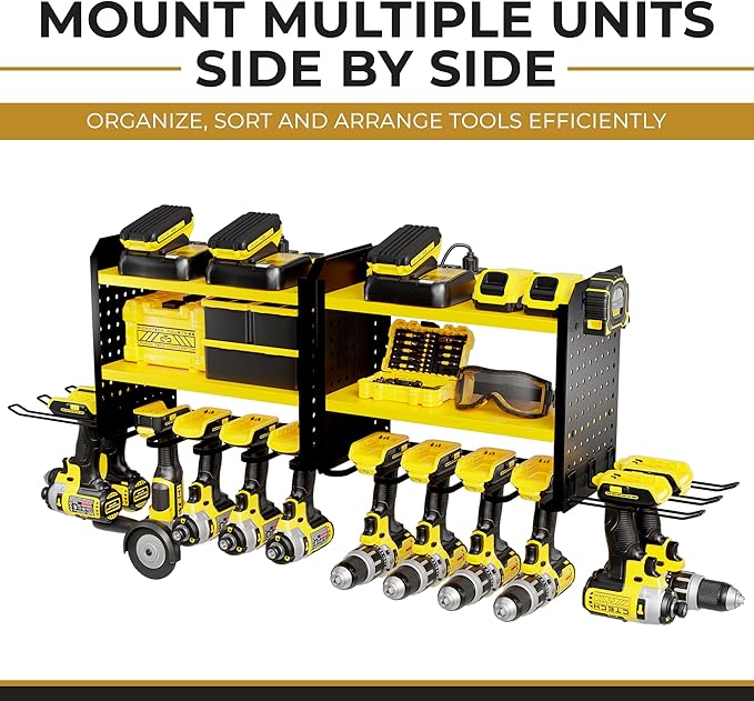 BUILTSTRONG Power Tool Organizer - 6 Drill Holder Wall Mount, 3 Tier Heavy-Duty Hand Storage Rack, Utility Racks, 2 Pegboard Sides - Garage Cordless Organizer (Yellow)