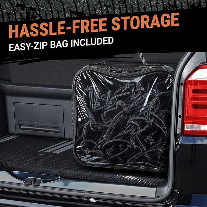 Truck Bed Cargo Net – 3 x 4 Foot, Heavy-Duty Elastic Mesh with 12 Hooks and 12 Blue Clips and Storage Bag for Pickup for Cargo Netting, Securing Loads in Trailers, SUVs & Roof Racks