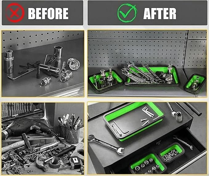 Collapsible Magnetic Parts Tray Set of 3 Different Size, Foldable Silicone Tool Trays for Screws, Bolts, Nuts and Other Small Metal Parts (Green)