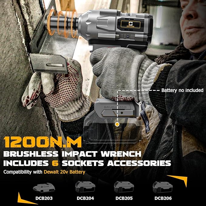 Cordless Impact Wrench 1/2 inch for Dewalt Battery 900FT-LBS with 6 Sockets and Durable Toolbox Brushless Impact Gun Includes LED Work Light (950Ft-lbs Wrench with 6 Sockets)