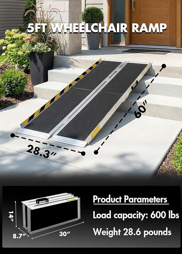 Portable Wheelchair ramp 5FT,Non-Slip Aluminum Threshold ramps for Home Steps,Folding Handicap Ramp,ramps for Home,doorways,Stairs,Weight Capacity up to 600LBS 5FT (Usable Height 6-15 inch)