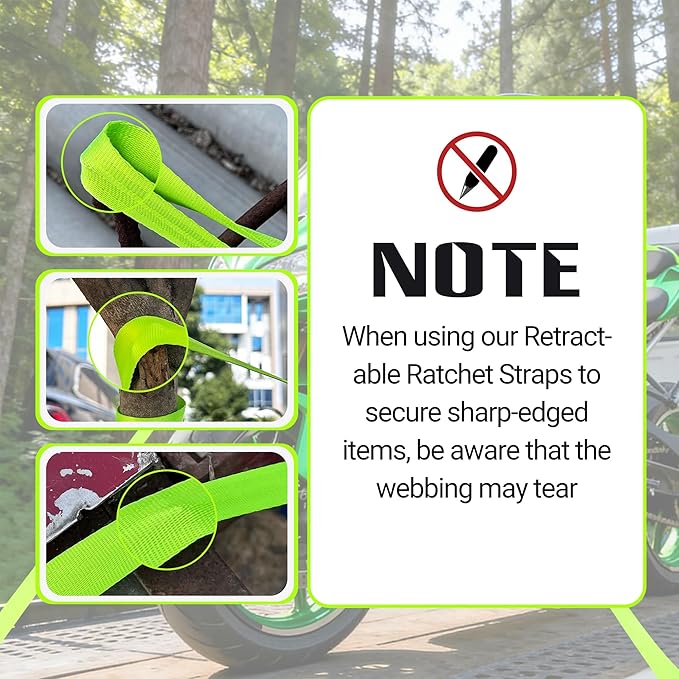 Retractable Ratchet Straps (4-Pack) - Heavy Duty Auto Slow Retraction Tie Down Straps - 1 Inch x 13 Feet (1,800lb Break Strength) for Truck, Cargo Trailer, Motorcycle, ATV, UTV - Green