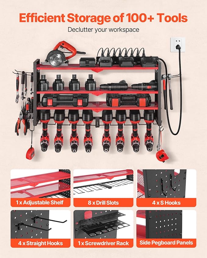 VEVOR Power Tool Organizer with Charging Station, 4-Layer Drill Storage Rack with 8 Drill Holders & Side Pegboard, Garage Tool Organizer Built in 8 Outlet Power Strips for Garage, Workbench, Workshop