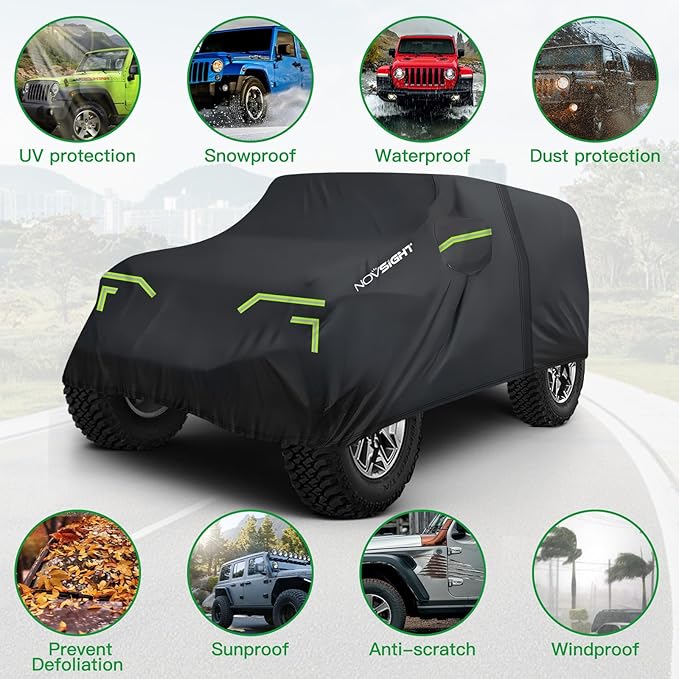 NOVSIGHT Car Cover for Jeep Wrangler 2 Door - Waterproof All Weather Outdoor Cover (2007–2025 JK JL), Windproof with Straps, 210D Oxford Fabric, Reflective Strips