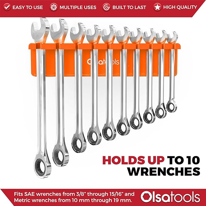 Olsa Tools Magnetic Wrench Holder Organizer - Orange - Fits SAE 3/8" to 15/16" & Metric 10mm to 19mm - Durable Tool Storage Solution - Part 1559
