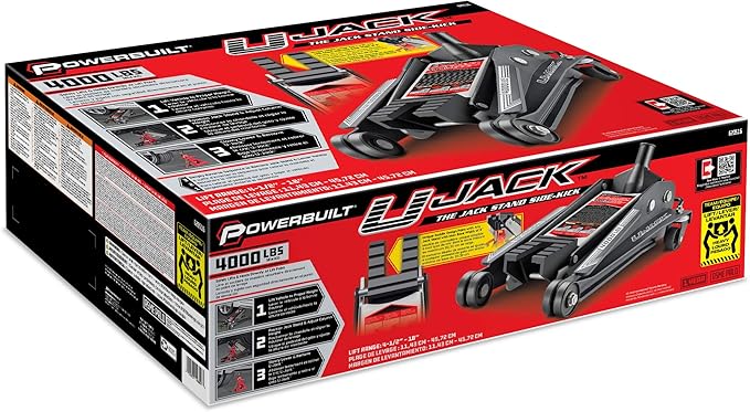 Powerbuilt 2 Ton U-Jack Garage Jack, 3000 LBS Loading Capacity, Lift Range: 4-1/2-Inch to 18-3/4-Inch, Unique Saddle for sliding jackstand into - 620516