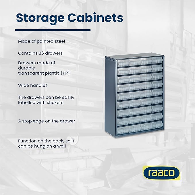 Raaco Steel Storage Cabinet, Standard 36-Drawer, Clear Polypropylene Plastic Drawer – Small Parts Organizer, Screws, Nuts & Bolts, Crafts & Hardware – Tool Cabinet for Workbench & Wall Storage (C9-36)