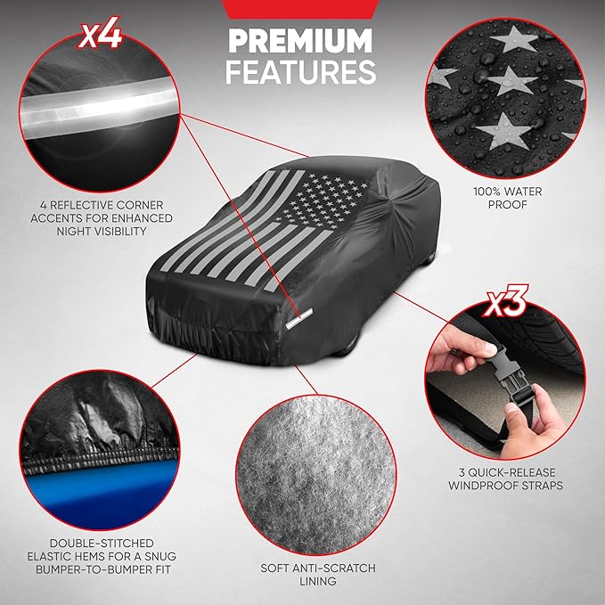 Motor Trend Black USA Flag Waterproof Car Cover - All Weather Outdoor Protection, UV Resistant, Windproof, Scratchproof - Semi-Universal Fit Sedan Full Car Cover for Sun Rain Snow (171”- 190” Length)