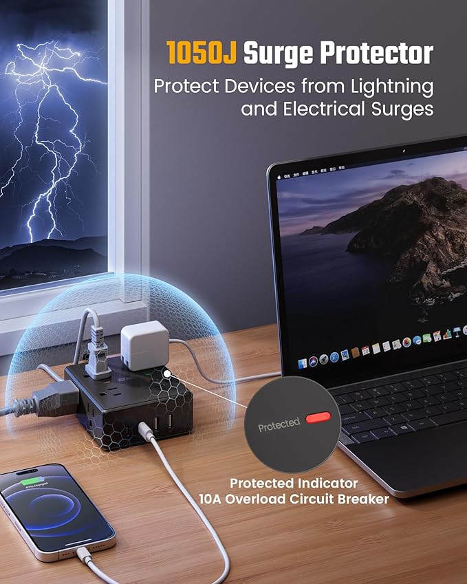 15Ft Extension Cord with Multiple Outlets, Flat Plug Power Strip Surge Protector with 15 Ft Long Cord, 8 Outlet 4 USB Ports (2 USB C), Desk Charging Station for Home Office, College Dorm Room