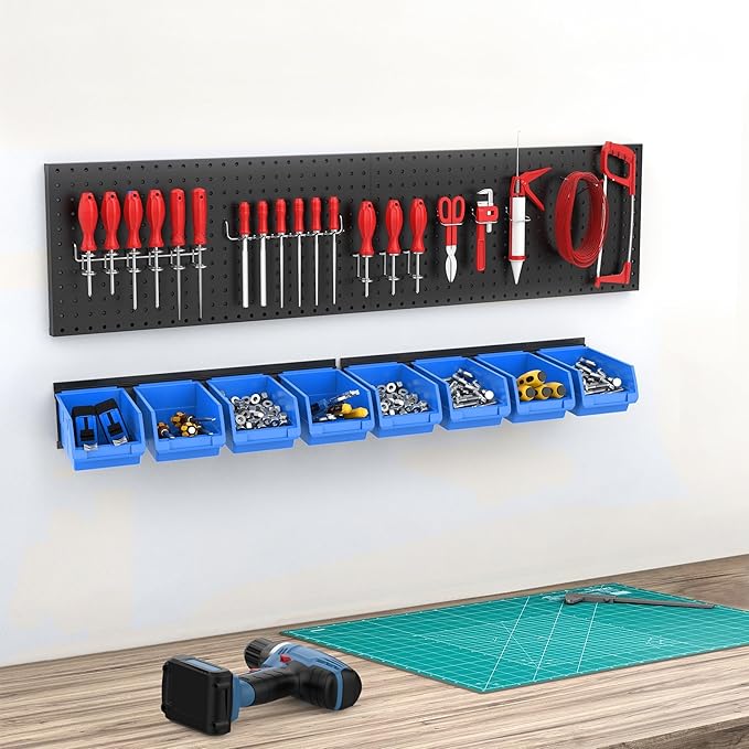 TORACK Wall-Mounted Storage Bins, 16 Plastic Bins for Tools Organization in Garage, Craft Room, and Shop(4-Pack, Blue)