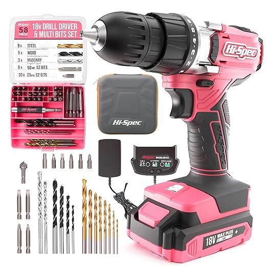 Hi-Spec Pink Cordless Drill Set, 18V Electric Drill with Battery And Charger,Includes Driver/Drill Bit Set for Wood, Steel and Concrete.In a Carrying Case for Home Repair, 58-Piece