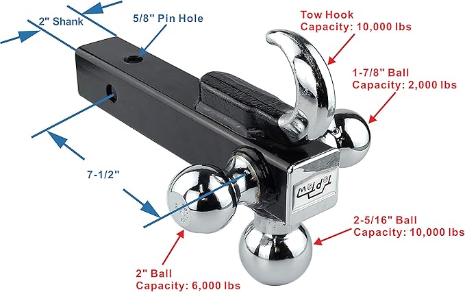 TOPTOW 64180HL Trailer Hitch Tri-Ball Hitch with Hook, Fits 2-inch Hitch Receiver, Chrome, 5/8 inch Hitch Lock Included