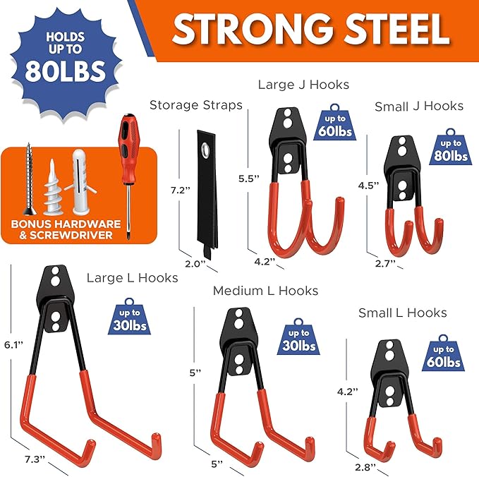 Garage Hooks Heavy Duty [ 17 Piece Set ] - Our Garage Hooks Wall Mount to Any Surface, Garage Organization and Storage, Garage Storage Hooks, Garage Hangers, Garage Wall Hooks Heavy Duty