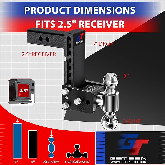 Geteen Trailer Hitches, Adjustable Trailer Hitch Ball Mount - Fits 2.5" Receiver, Dual Ball (2" x 2-5/16"), 7" Drop, 15,000 GTW - GT25072B