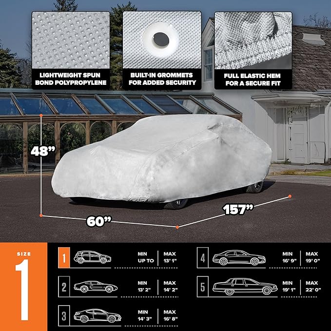Budge Lite Car Cover, Indoor Protection, Breathable Dustproof Cover, Fits Compact Cars & Sedans up to 157 Inches, Gray, Size 1