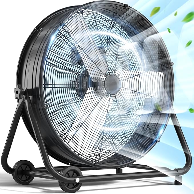 LifePlus 24 Inch Industrial Drum Fan, High Velocity Floor Fan, 3 Speed Heavy Duty Metal Air Circulator, 360° Tilt with Casters Handle ETL Standard for Patios, Warehouse, Commercial, 8900 CFM