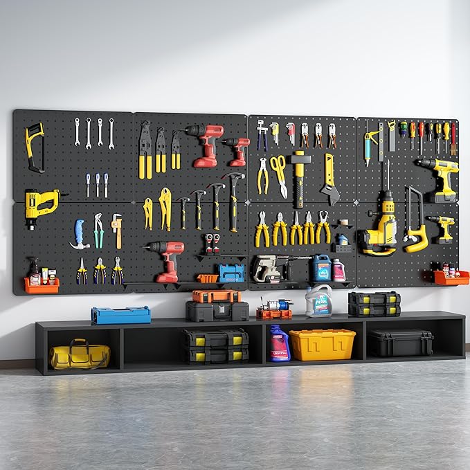 Peg Board, 114PCS Heavy Duty Metal Pegboard with Hooks, 8 Pack Black Peg Board Panels, 60lbs Load Capacity Each, Pegboard Wall Organizer for Garage, Workshop, Kitchen, Craft Rooms
