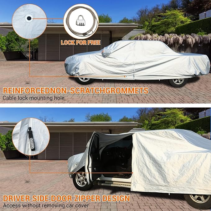 Tecoom Truck Cover Waterproof All Weather, 3-Layer Fleece Lined Full Exterior Pickup Cover with Zipper Door & Lock, UV Snow Rain Outdoor Protection, Universal Fit Regular/Extended/SuperCrew Cab