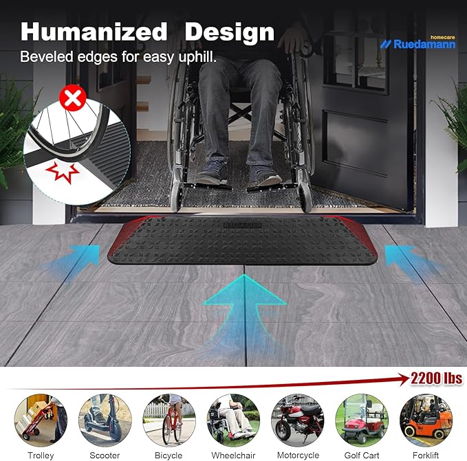 Ruedamann 1-1/2" Rise Rubber Threshold Ramp, 42.9" Wide Wheelchair Ramp, 2200 Lbs Capacity, Entry Ramp, Curb Ramps with Non-Slip Surface, Door Ramps for Wheelchairs, Scooter, Power Chairs, Driveways
