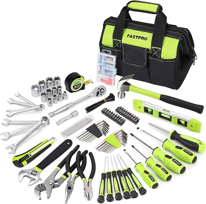 FASTPRO 236-Piece Home Repairing Tool Set, Mechanics Hand Tool Kit with 12-Inch Wide Mouth Open Storage Bag, Household Tool Set for DIY, Home Maintenance, Green