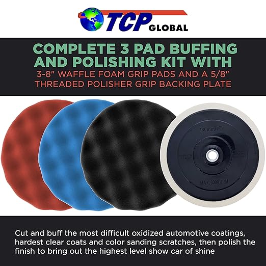 TCP Global Professional 3 Pad Buffing and Polishing Kit with 8 Inch Waffle Foam Pads for Car Detailing - Complete Polisher Buffing Pad Set with 5/8" Threaded Backing Plate